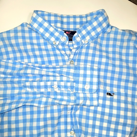 VINEYARD VINES Men's Blue and White Check Long Sleeve Shirt - Picture 1 of 8
